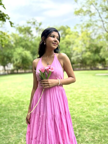 Elegant One-Piece Pink Gown in Phool Voile Fabric - 45" Length with Elastic & Ribbon Closure