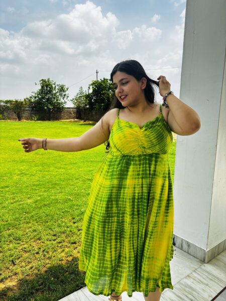 One-Piece Shibori Print Frock with Cotton Liner - Green & Yellow, 40" Length