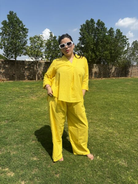 2-Piece Yellow Co-Ord Set in Mul Cotton - Long Trouser and Kurta with 3/4 Sleeves